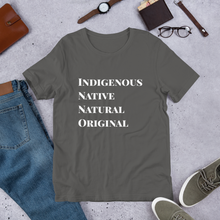 Indigenous, Native, Natural, Original Short-Sleeve Unisex T-Shirt in White Letters